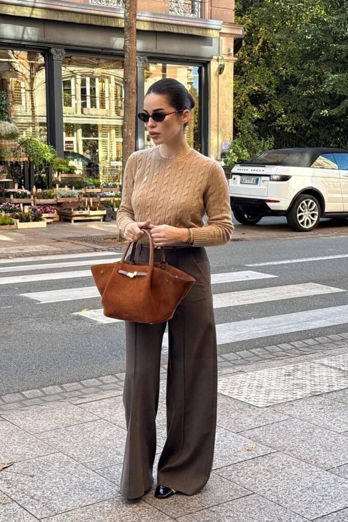 Camel Cable Knit Sweater + Dark Brown Wide Leg Trousers + Black and Beige Ballet Flats