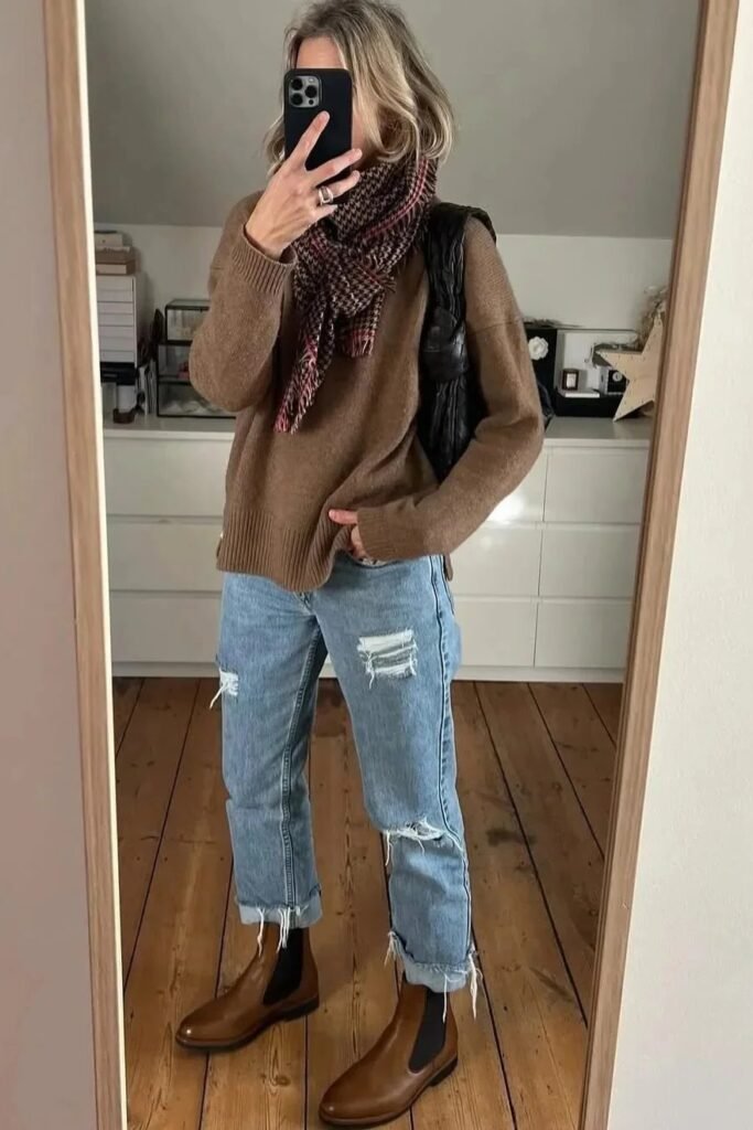 Camel Crewneck Sweater + Distressed Light Wash Jeans + Brown Chelsea Boots
