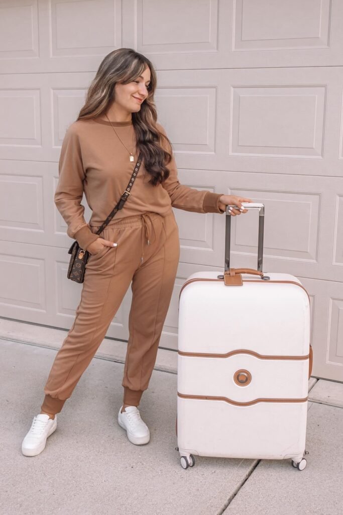 Camel Crewneck Sweatshirt + Matching Camel Joggers + White Sneakers