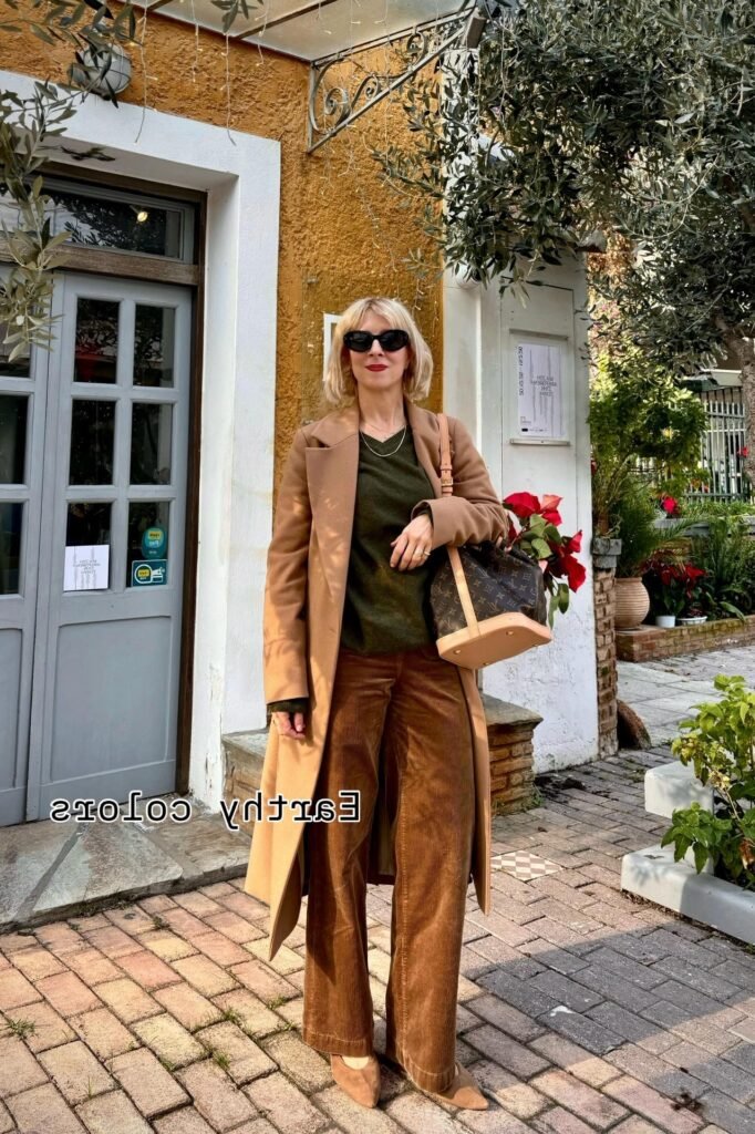 Camel Overcoat + Olive Green Sweater + Brown Corduroy Trousers + Tan Pointed Flats