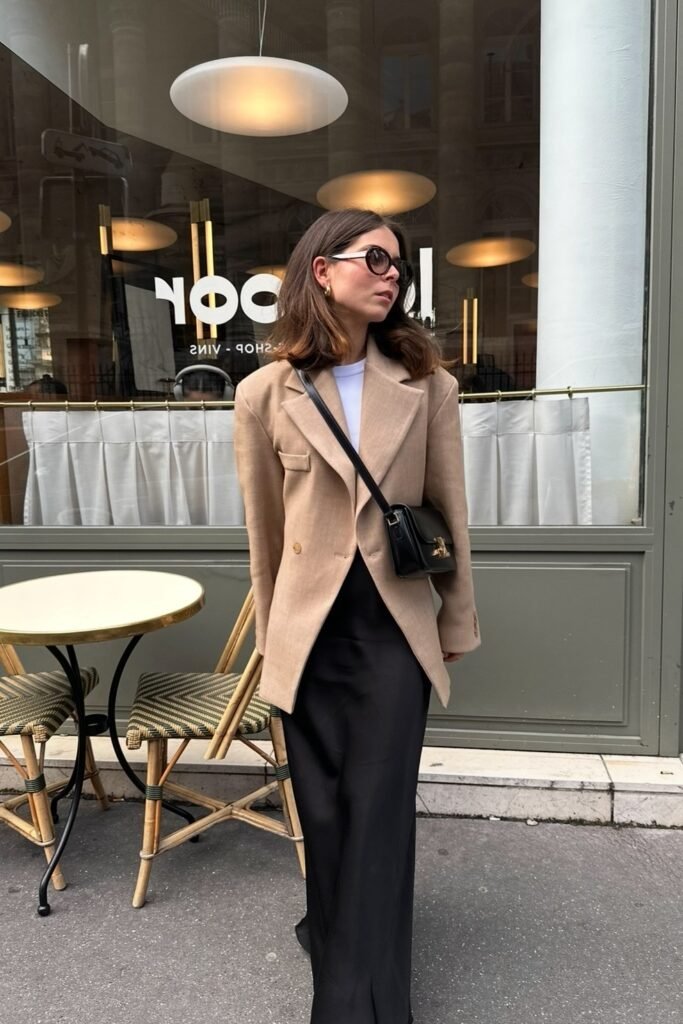 Camel Oversized Blazer + White T Shirt + Black Silk Maxi Skirt