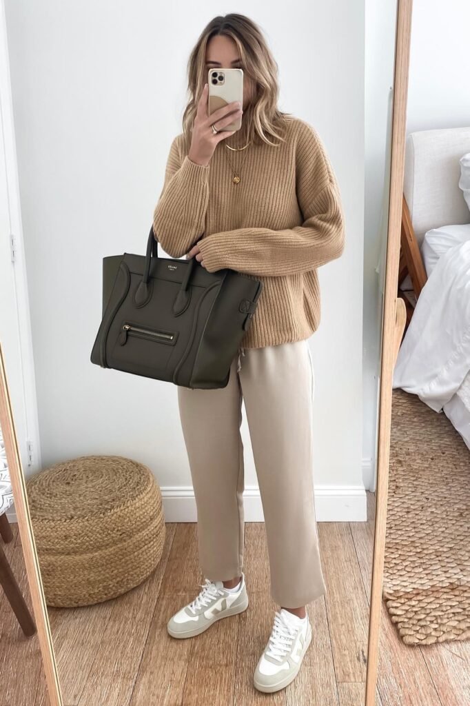Camel Ribbed Knit Sweater + Beige Straight-Leg Trousers + White and Grey Sneakers