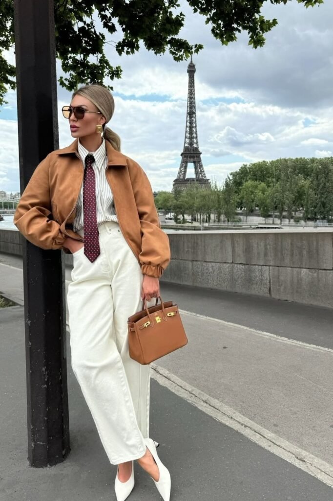 Camel Suede Bomber Jacket + Striped Button Down with Burgundy Tie + White Wide Leg Jeans + White Pointed Heels