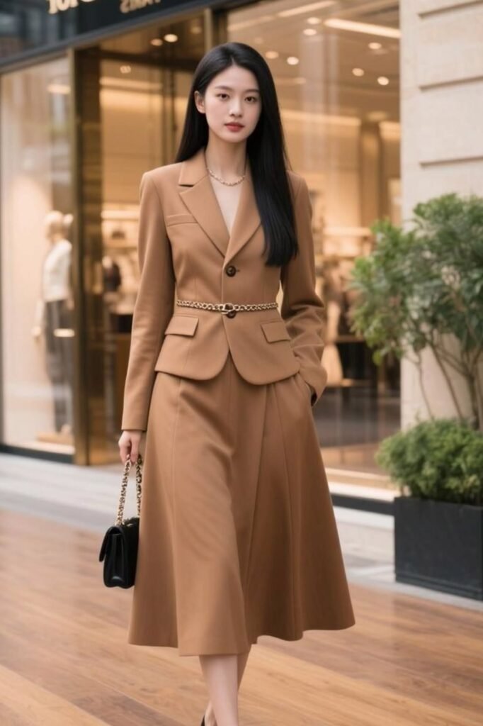 Camel Tailored Blazer with Chain Belt + Matching A-Line Midi Skirt + Black Handbag