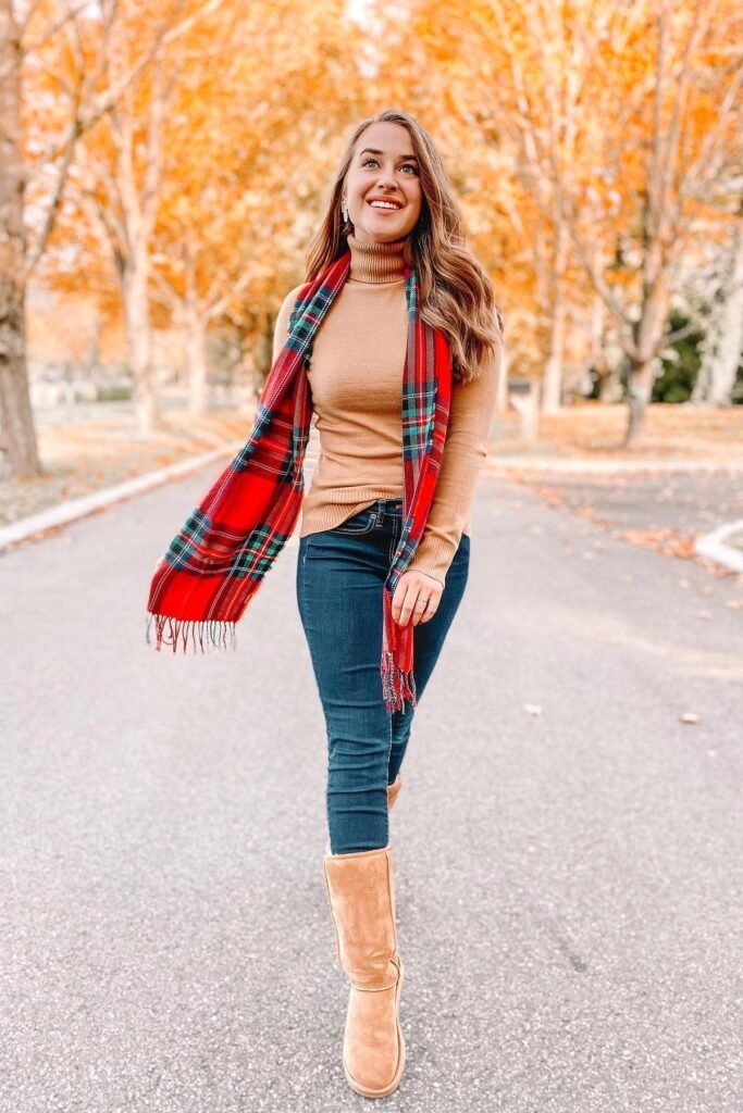 Camel Turtleneck Sweater + Red Plaid Scarf + Dark Wash Skinny Jeans + Tan Shearling Boots