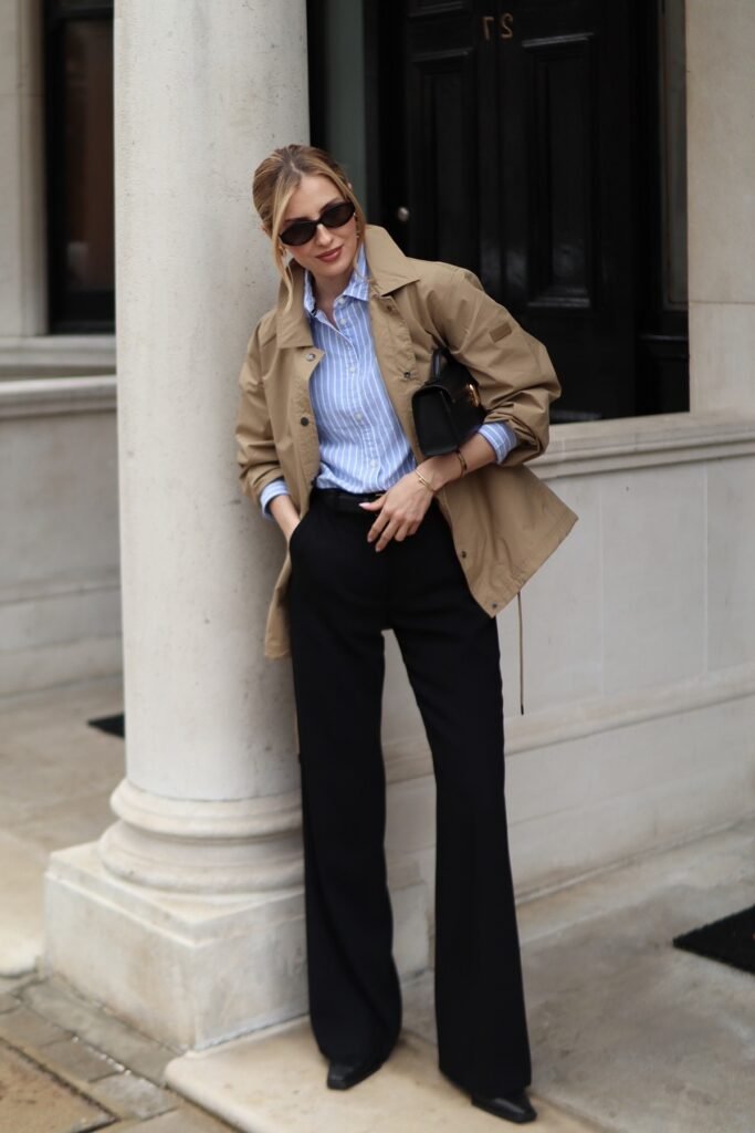 Camel Utility Jacket + Blue Striped Shirt + Black Flared Trousers