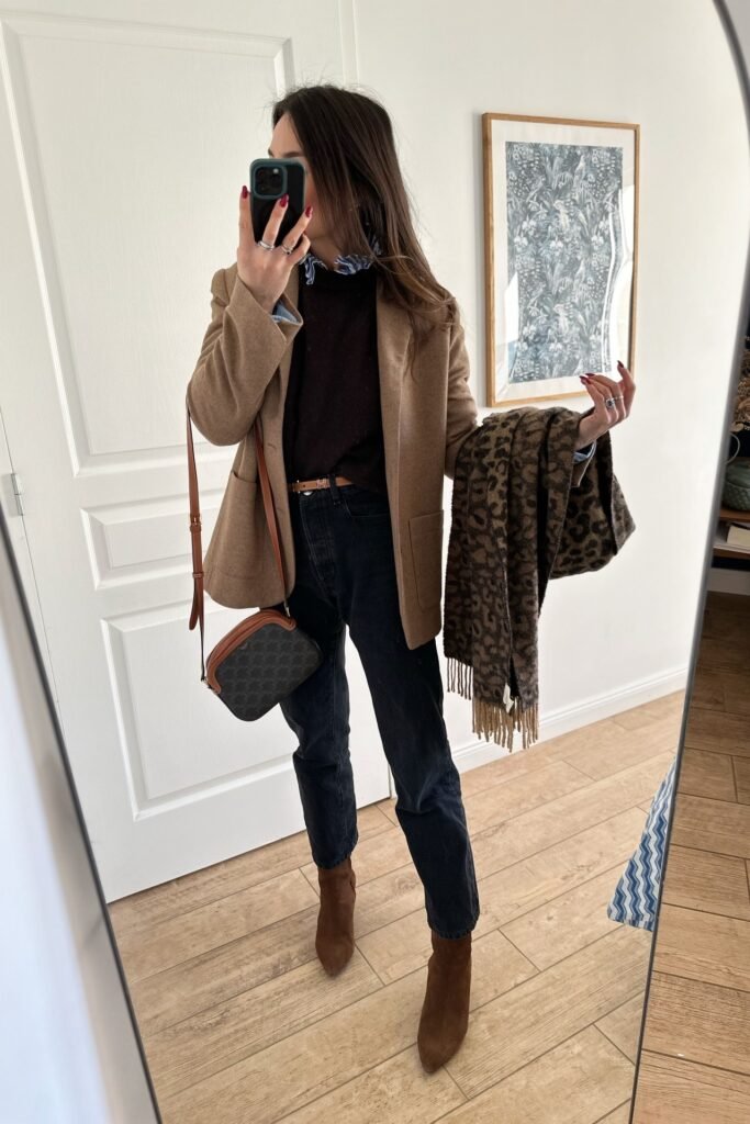 Camel Wool Blazer + Brown Sweater + Black Straight-Leg Jeans + Brown Suede Ankle Boots