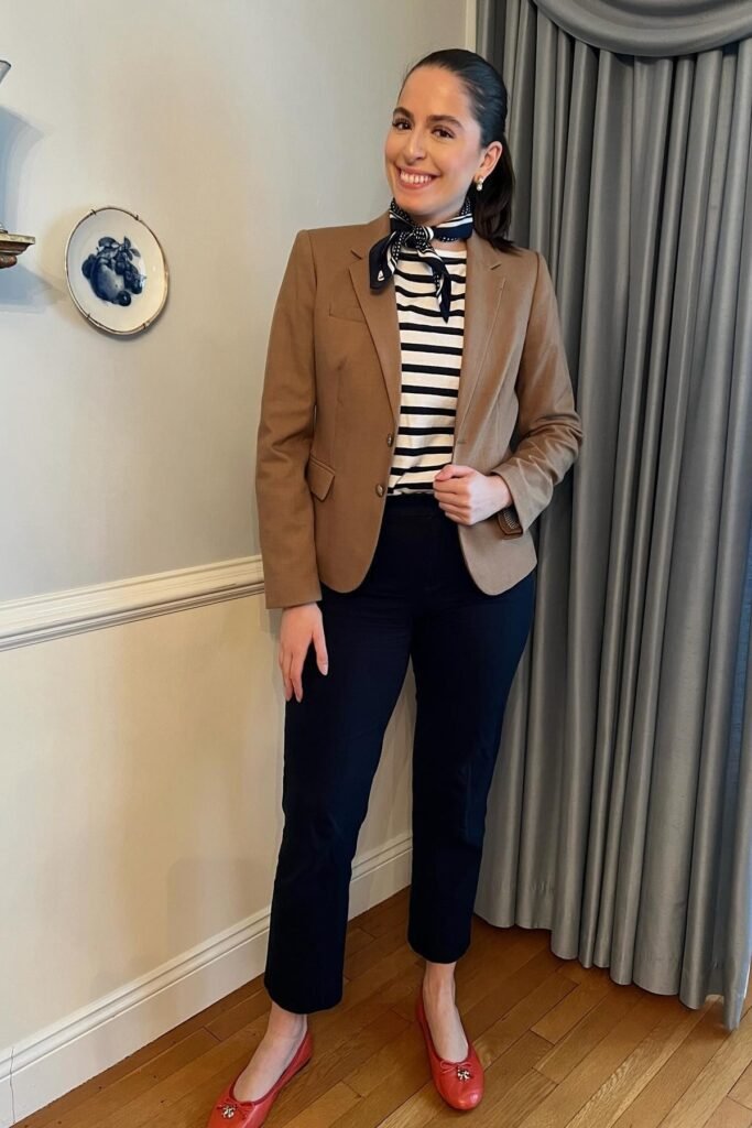 Camel Wool Blazer + Navy Ankle Trousers + Red Ballet Flats