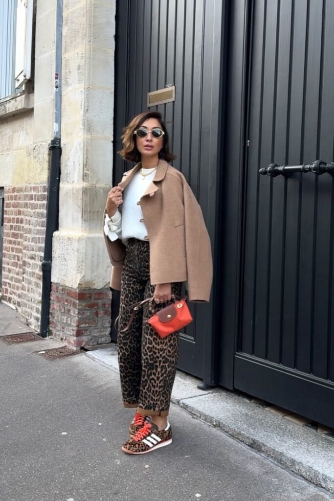 Camel Wool Coat + White Knit Sweater + Leopard Print Trousers + Leopard Print Sneakers