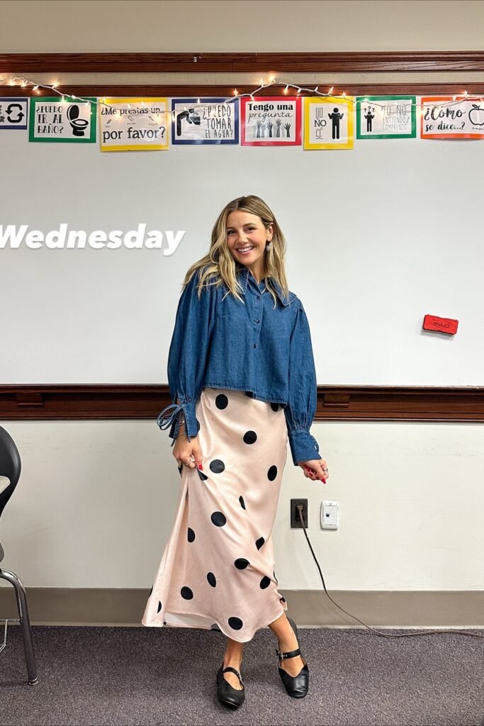 Chambray Puff-Sleeve Shirt + Pink Polka Dot Satin Midi Skirt + Black Mary Jane Flats