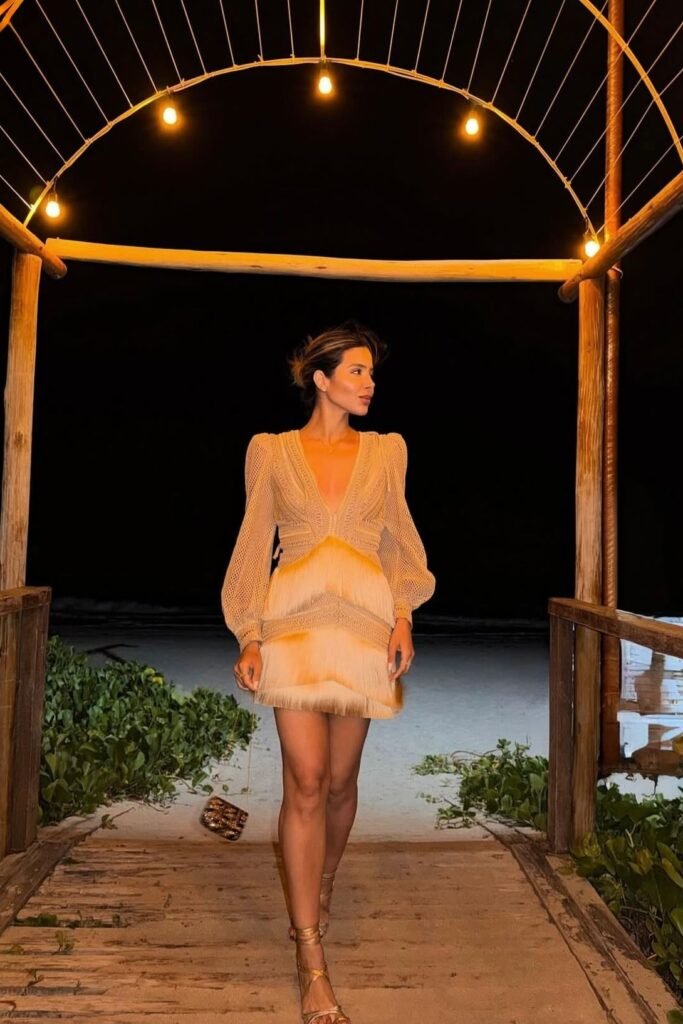 Champagne Fringed Mini Dress + Gold Strappy Heels + Small Metallic Clutch