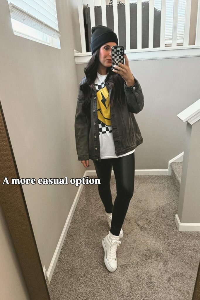 Charcoal Denim Jacket + Graphic Tee + Faux Leather Leggings + White High-Top Sneakers + Black Beanie