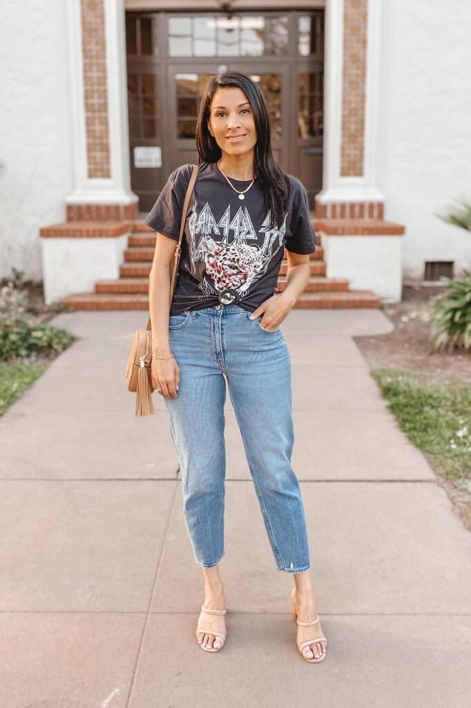 Charcoal Graphic Band T-Shirt + Light Wash High-Waisted Jeans + Tan Strappy Heeled Sandals