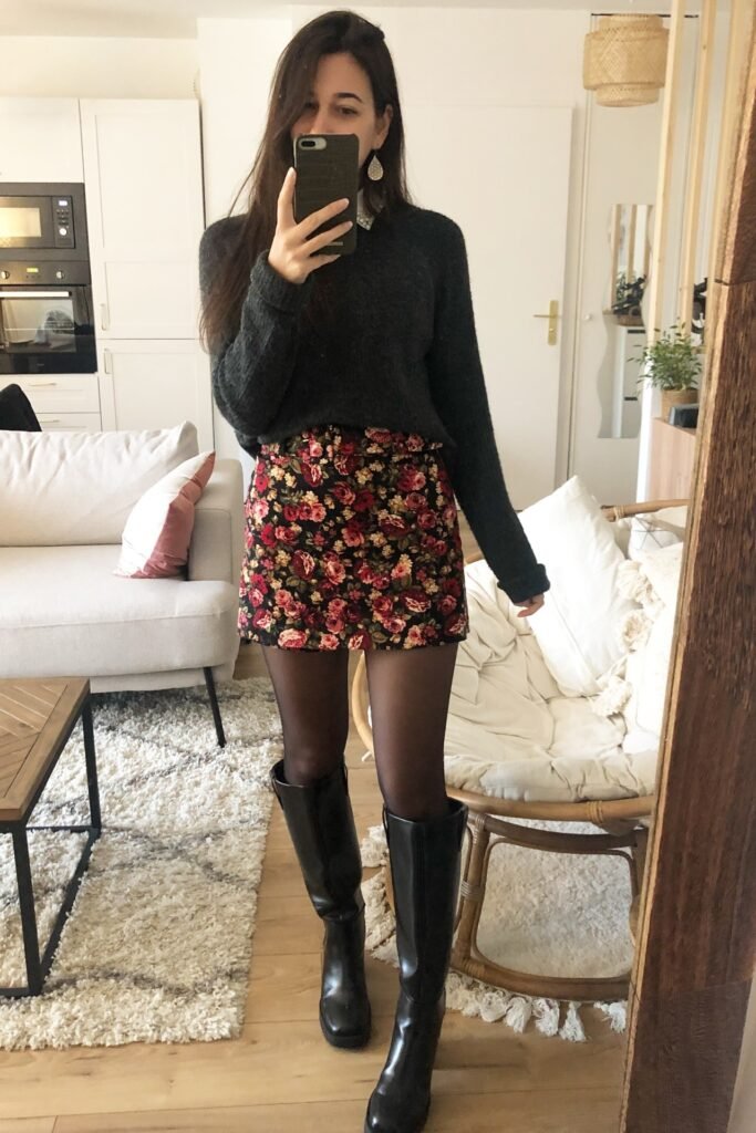 Charcoal Grey Knit Sweater + Red Floral Mini Skirt + Black Tights + Black Knee-High Boots