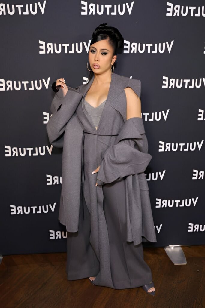 Charcoal Grey Overcoat + Grey Bralette + Oversized Grey Wide-Leg Trousers