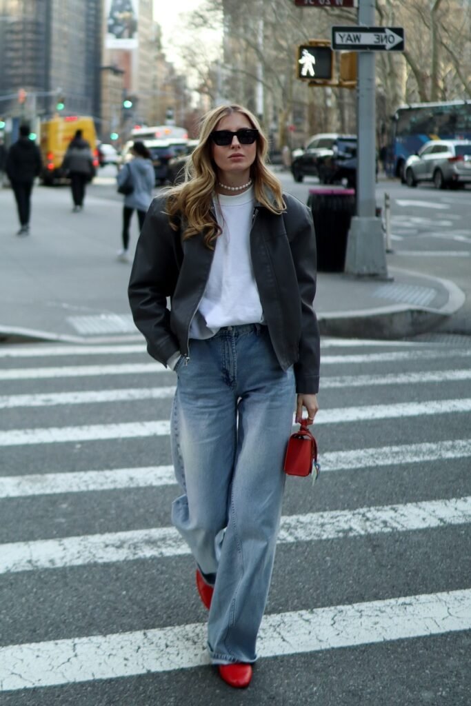 Charcoal Leather Bomber Jacket + Baggy Light Wash Jeans + Red Pointed Toe Flats