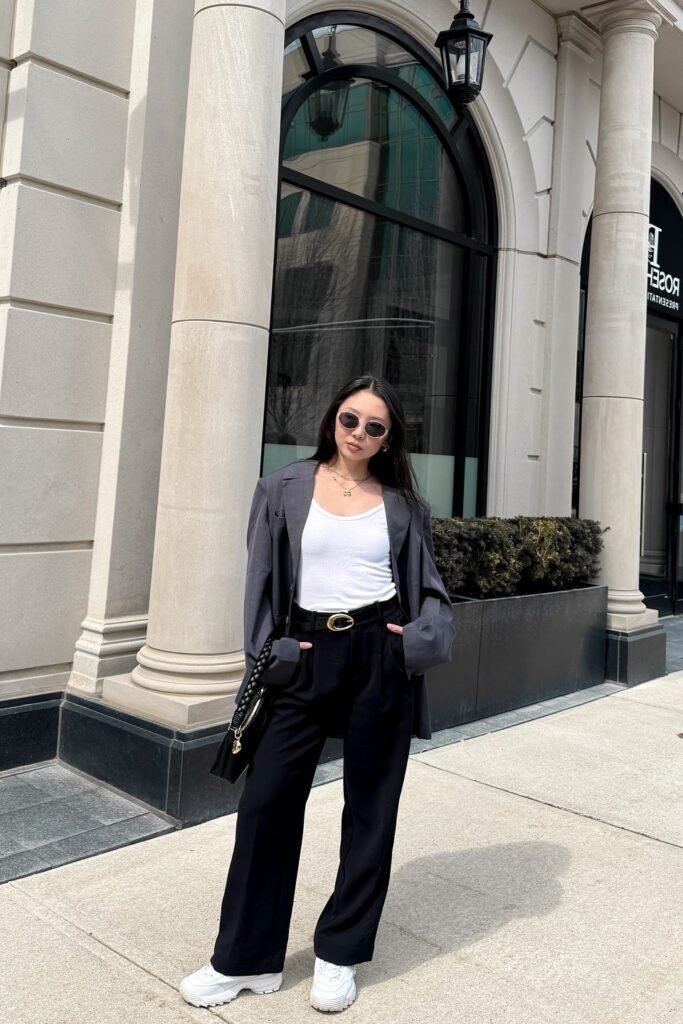 Charcoal Oversized Blazer + White Scoop Neck Tank Top + Black Tailored Trousers + White Chunky Sneakers