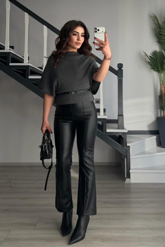 Charcoal Short-Sleeve Knit Top + Black Leather Flare Trousers + Black Pointed Boots