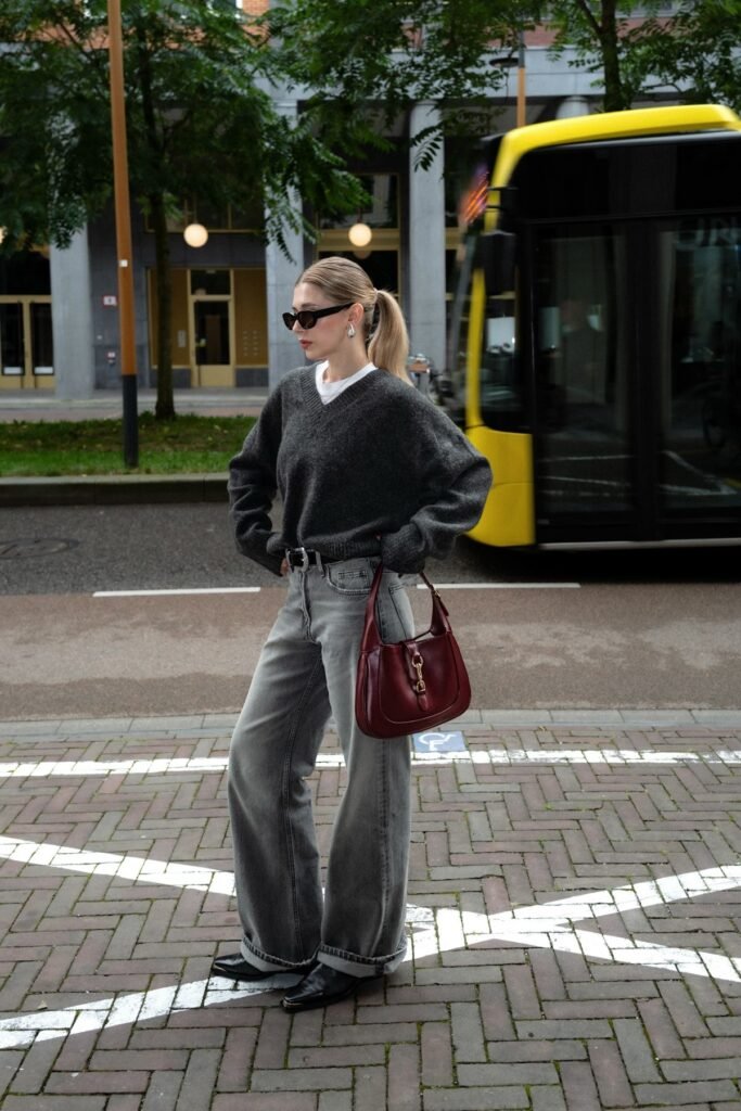 Charcoal V Neck Sweater + Grey Wide Leg Jeans + Black Pointed Boots