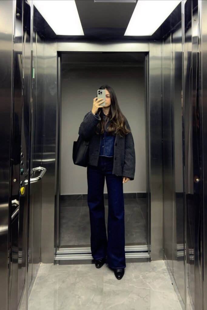 Charcoal Wool Jacket + Denim Shirt + Dark Indigo Wide-Leg Jeans + Black Boots