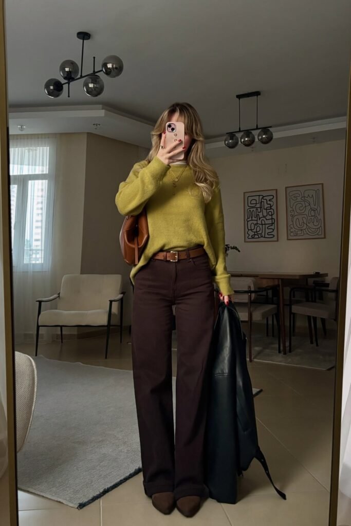 Chartreuse Crewneck Sweater + Dark Brown Wide-Leg Trousers + Brown Pointed Boots