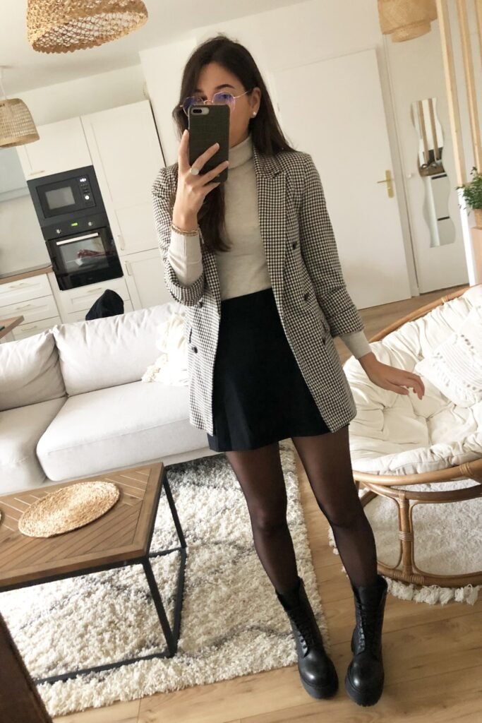 Checkered Blazer + White Turtleneck + Black Mini Skirt + Black Combat Boots
