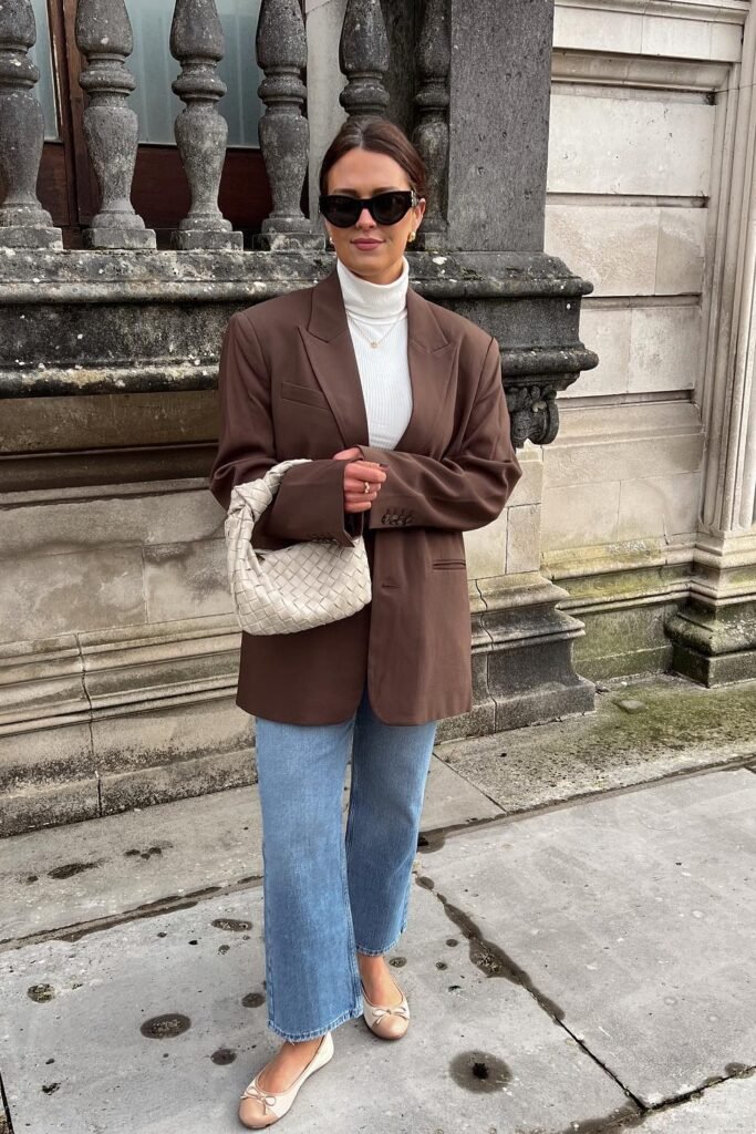 Chocolate Brown Blazer + White Turtleneck + Light Wash Jeans + Beige Ballet Flats