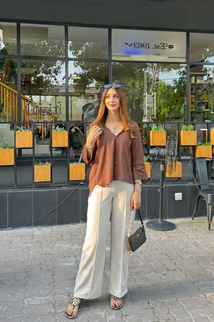 Chocolate Brown Button Down Shirt + White High Waisted Trousers + Patterned Thong Sandals