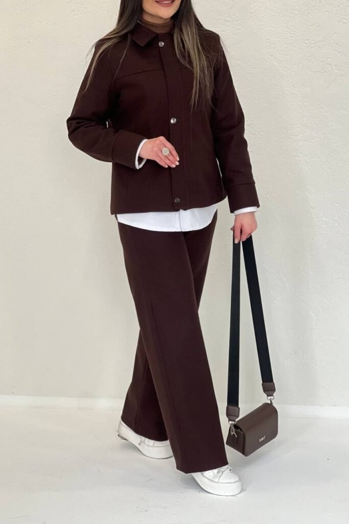Chocolate Brown Button-Up Jacket + Matching Wide-Leg Trousers + White Sneakers