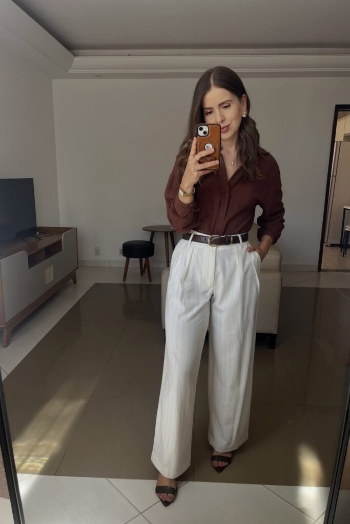 Chocolate Brown Button-Up Shirt + White Pinstripe Wide-Leg Trousers + Dark Brown Strappy Heels