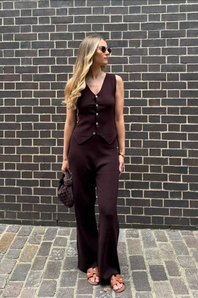 Chocolate Brown Button-Up Vest + Matching Brown Wide-Leg Trousers + Tan Leather Slides