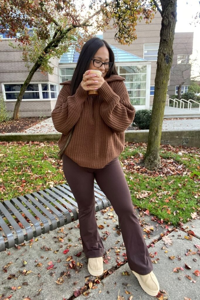 Chocolate Brown Cable Knit Sweater + Dark Brown Flared Leggings + Beige Suede Shoes