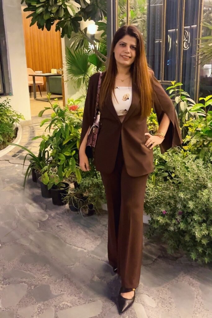 Chocolate Brown Cape Sleeve Blazer + Matching Trousers + White Butterfly Print Crop Top