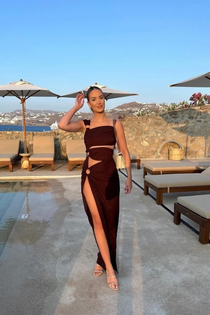 Chocolate Brown Cut-Out Maxi Dress + White Shoulder Bag + Sparkling Thin-Strap Sandals