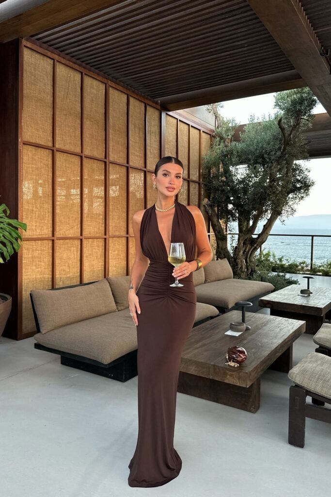 Chocolate Brown Deep-V Halter Maxi Dress + Gold Statement Necklace