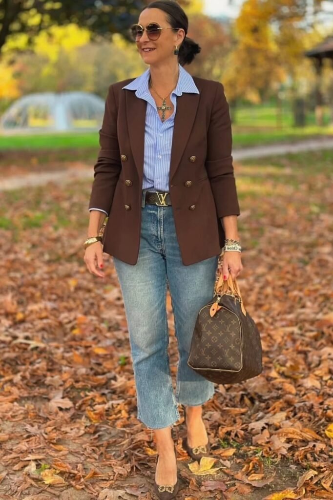 Chocolate Brown Double-Breasted Blazer + Blue Striped Shirt + Cropped Straight-Leg Jeans + Monogram Handbag