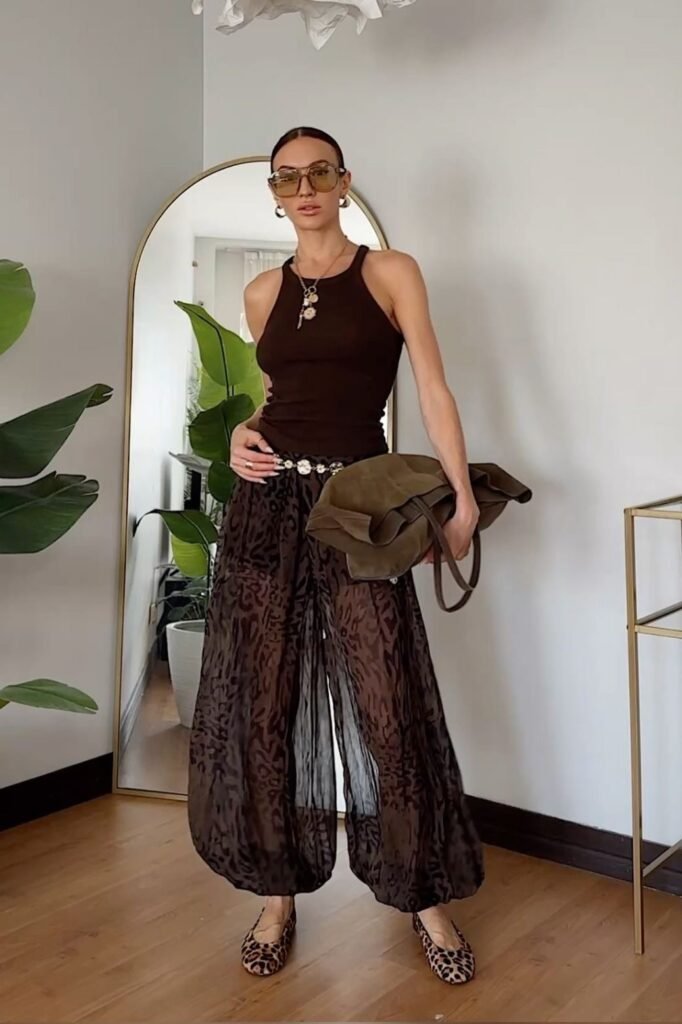 Chocolate Brown Halter Tank Top + Leopard Print Sheer Wide-Leg Trousers + Leopard Print Ballet Flats