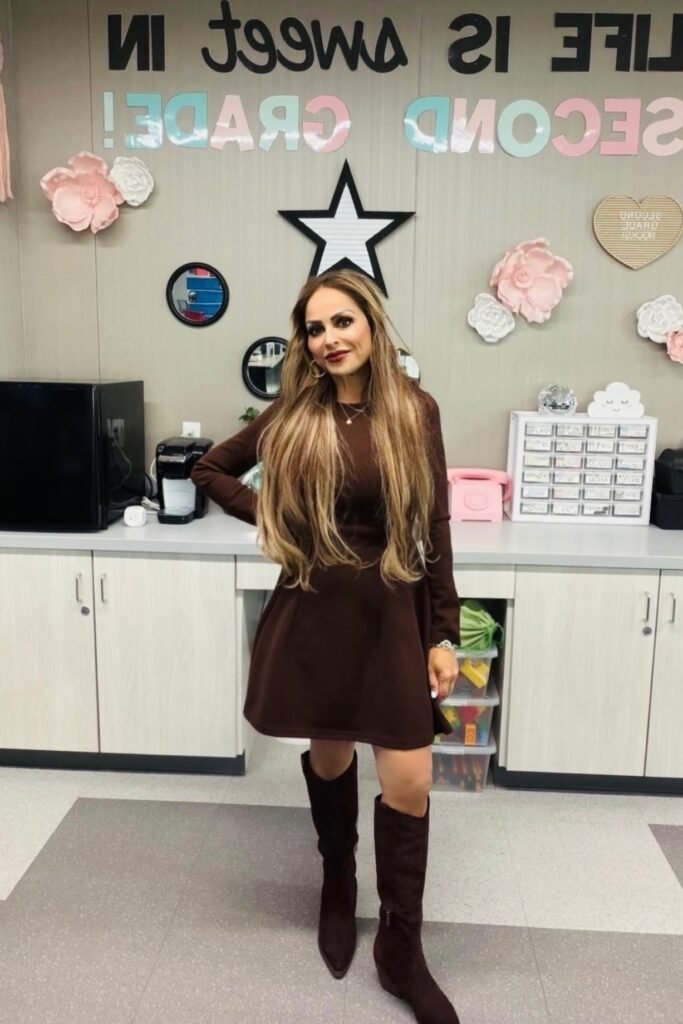 Chocolate Brown Long-Sleeve Mini Dress + Matching Brown Knee-High Suede Boots