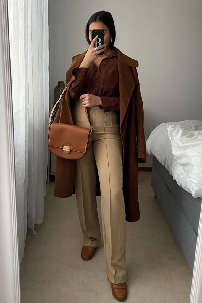 Chocolate Brown Overcoat + Dark Brown Button-Down Shirt + Tan Wide-Leg Trousers + Cognac Leather Loafers