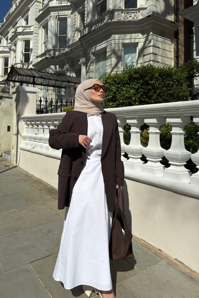 Chocolate Brown Oversized Blazer + White Maxi Dress + Beige Hijab