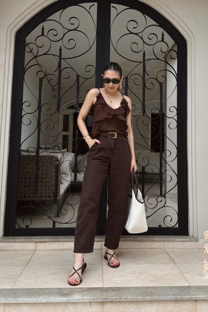 Chocolate Brown Ruffle Camisole + Dark Brown Straight-Leg Trousers + Brown Strappy Flat Sandals