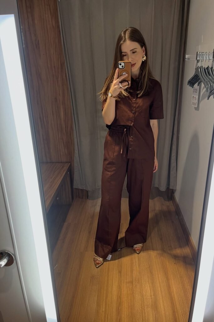 Chocolate Brown Short-Sleeve Button-Down Shirt + Matching Drawstring Trousers + Gold Strappy Sandals