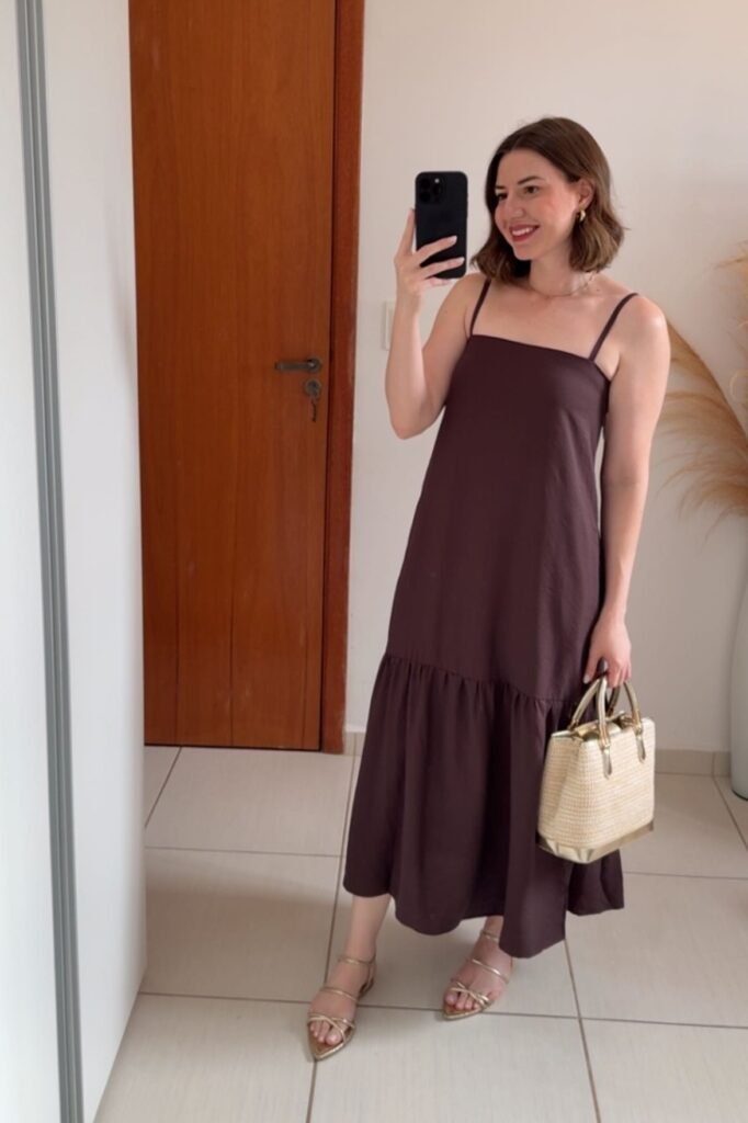 Chocolate Brown Spaghetti Strap Tiered Midi Dress + Gold Strappy Sandals + Straw Handbag