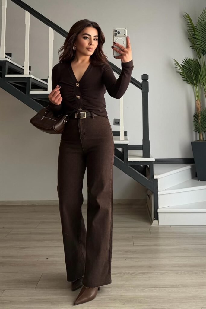 Chocolate Brown V-Neck Cardigan + Matching Brown Wide-Leg Jeans + Brown Pointed Boots