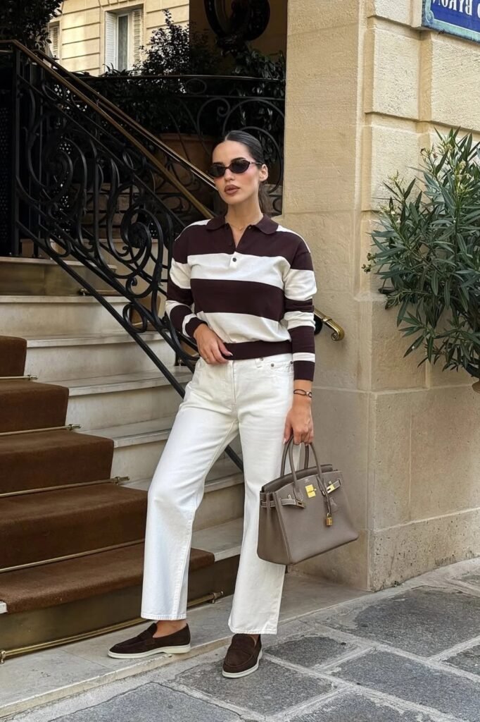 Chocolate and Cream Striped Polo Sweater + White Straight Leg Jeans + Dark Brown Suede Loafers