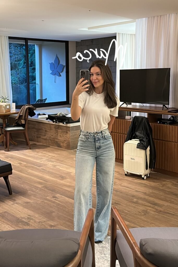 Classic White T-Shirt + High-Waisted Wide-Leg Light Wash Jeans