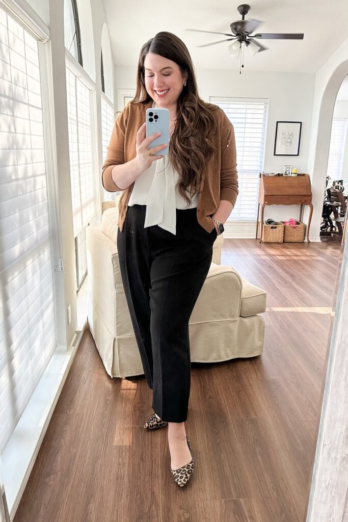 Cognac Cardigan + White Pussy-Bow Blouse + Black High-Waisted Trousers + Leopard Print Flats