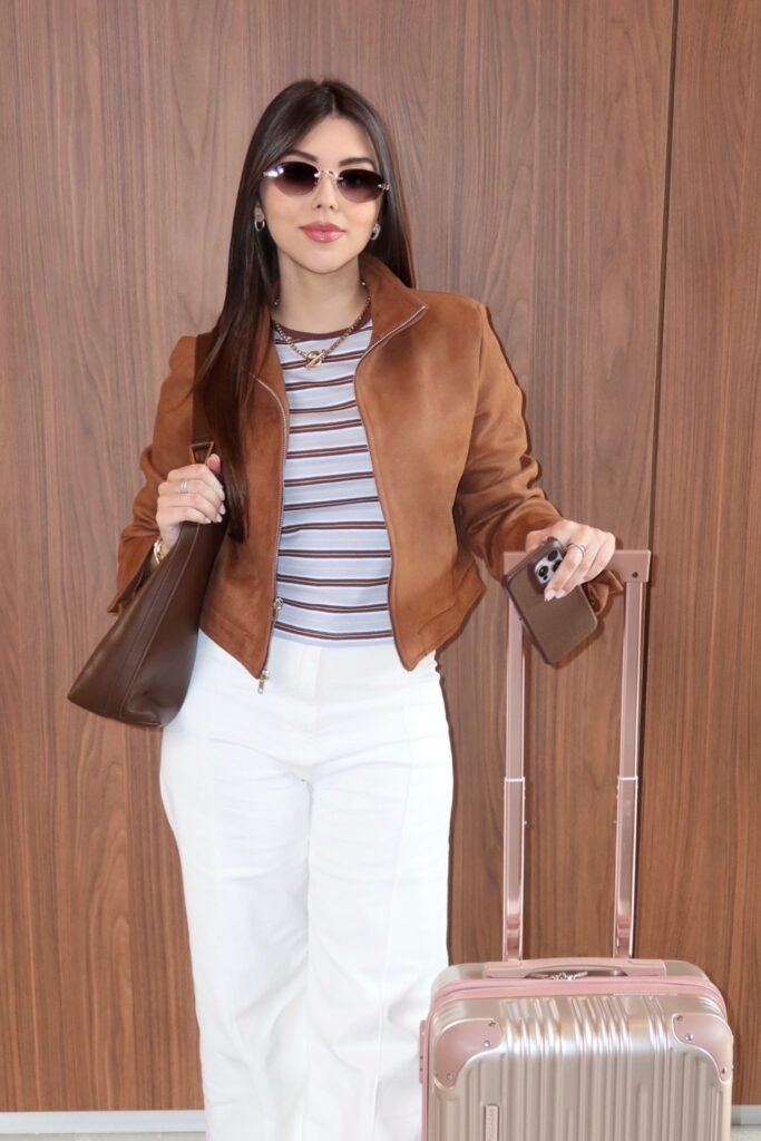 Cognac Suede Bomber Jacket + Striped T-Shirt + White High-Waisted Trousers