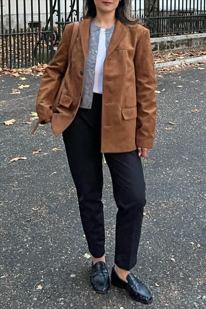 Cognac Suede Jacket + Grey Cardigan + Black Straight-Leg Trousers + Black Leather Loafers