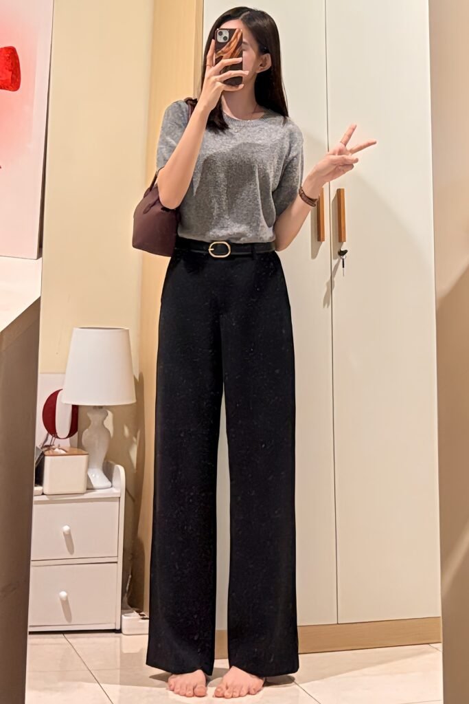 Cozy Grey Short-Sleeve Knit + Black High-Waisted Wide-Leg Trousers + Thin Black Belt